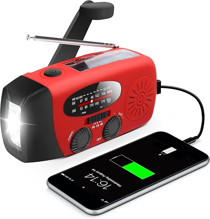 RunningSnail Emergency Hand Crank Radio in orange with AM/FM, NOAA, LED flashlight, and power bank