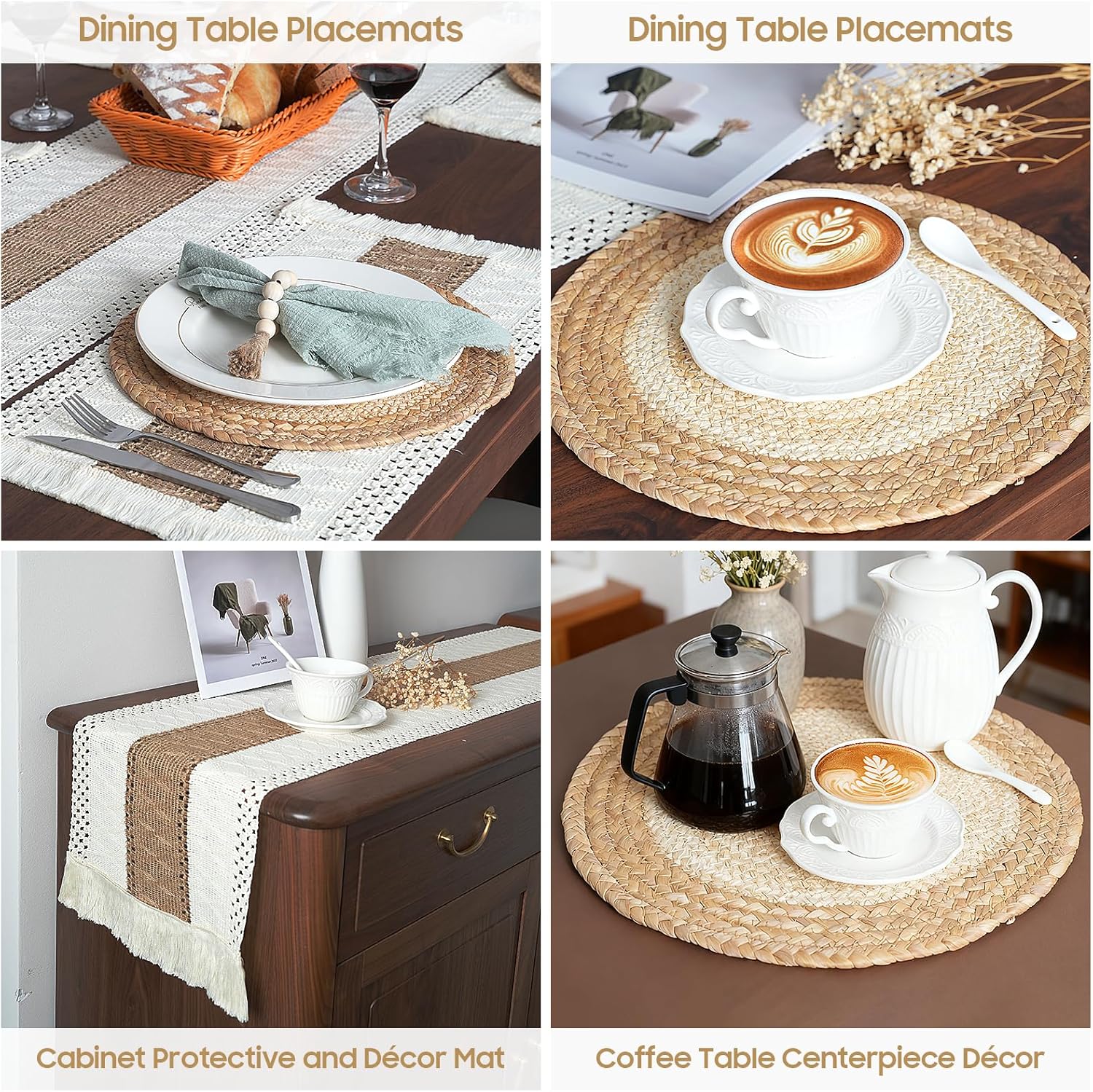Rustic dining table placemats with cotton burlap and woven straw texture for natural home styling