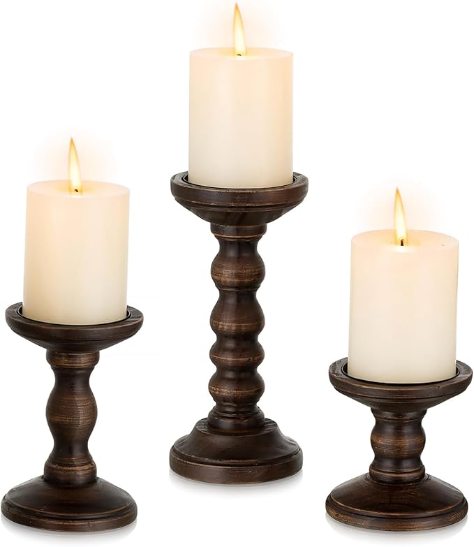 Vintage Dark Brown Wooden Candlestick Holders