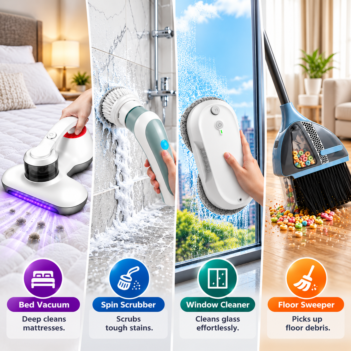 Woman using an electric spin scrubber to clean tiled wall surfaces