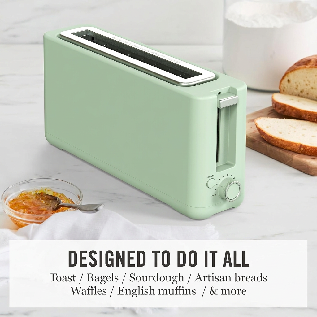 Self centering bread toaster with long slot design