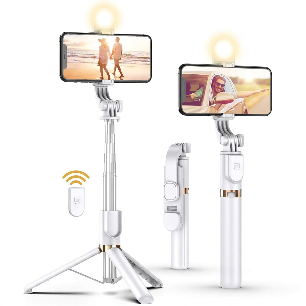 46" Selfie Stick Tripod with Wireless Remote and LED Fill Light, Compatible with iPhone & Android