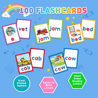 Set of flashcards with words and pictures on a blue background