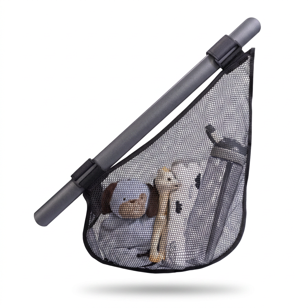 Black mesh cargo net attached to the side frame of a modern stroller