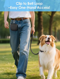Black silicone treat pouch for dogs with pull tab and auto-closing lid