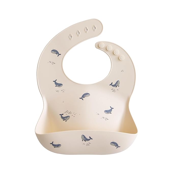 Silicone baby bib with adjustable fit, perfect for drooling and feeding.