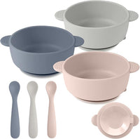 Silicone baby feeding set, includes 3 suction bowls and 3 baby spoons.