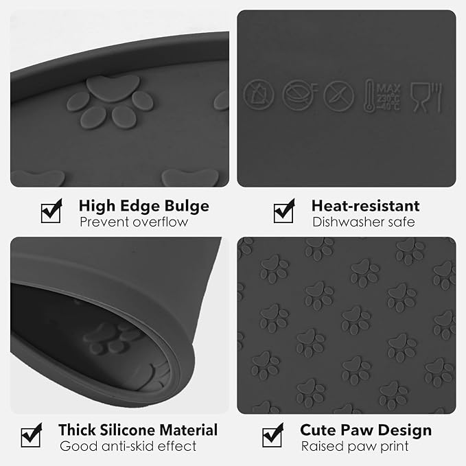 Silicone mat for pet food and water bowls, providing a mess-free feeding space.