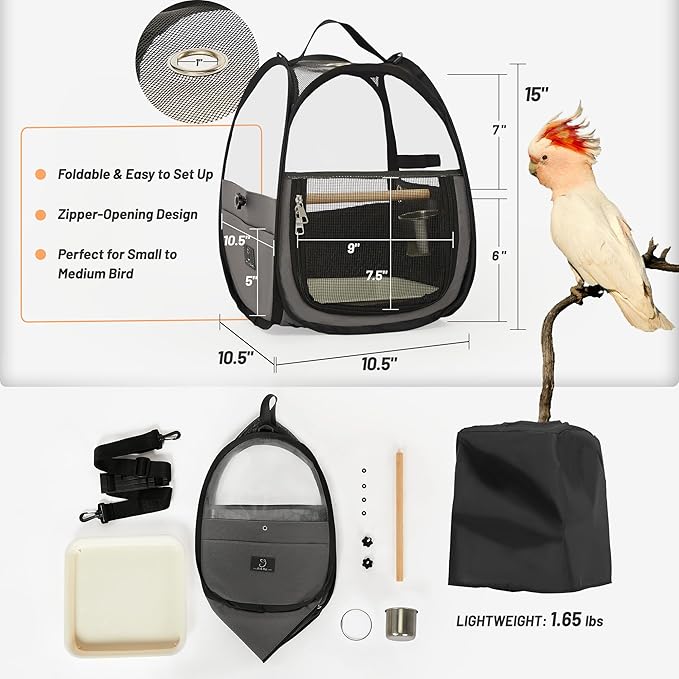 Bird carrier backpack suitable for parrots, cockatiels, budgies, and small birds during travel use.