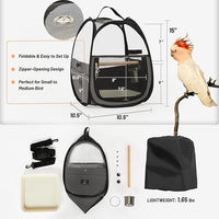 Bird carrier backpack suitable for parrots, cockatiels, budgies, and small birds during travel use.