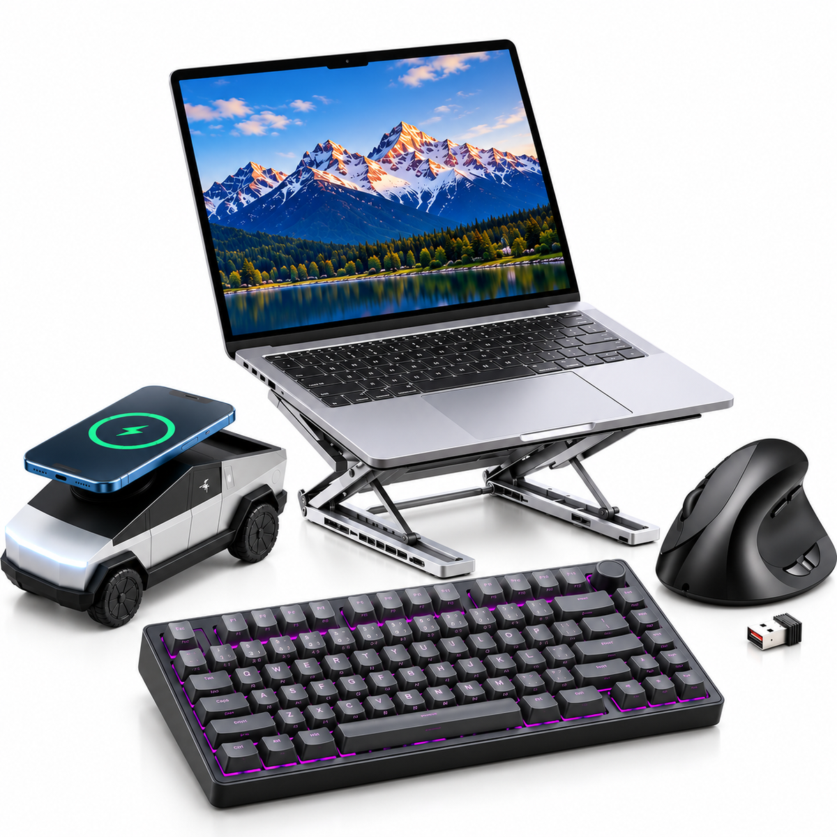 Smart laptop workspace bundle with keyboard mouse laptop stand and charging station