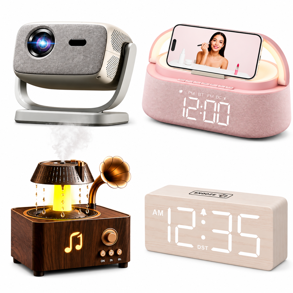 Smart bedroom electronics bundle with digital alarm clock, projector, Bluetooth speaker and humidifier