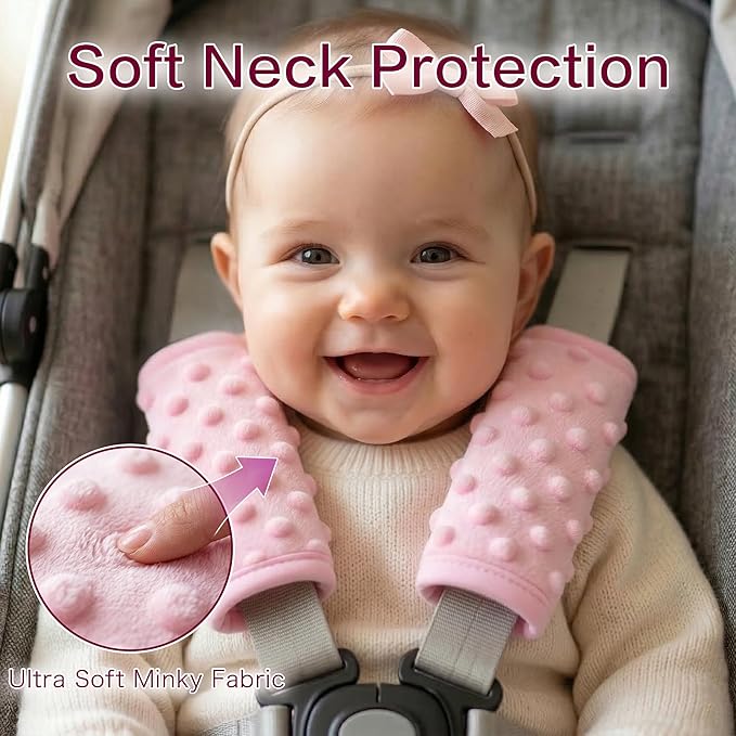 Soft car seat strap covers, plush padding for babies, available in various colors.