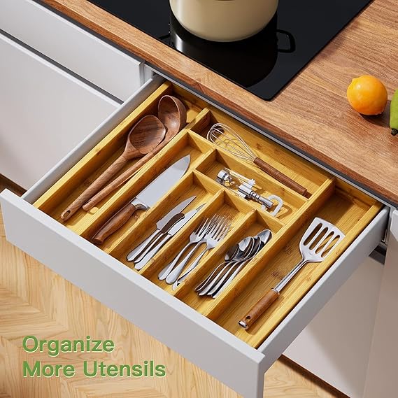Expandable bamboo tray for kitchen, office, and home use