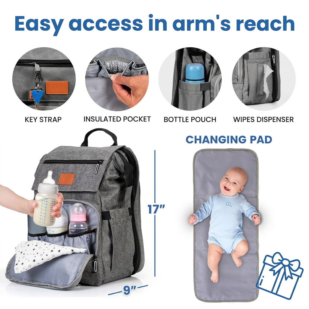 Spacious diaper bag backpack with multiple pockets for organizing baby items.