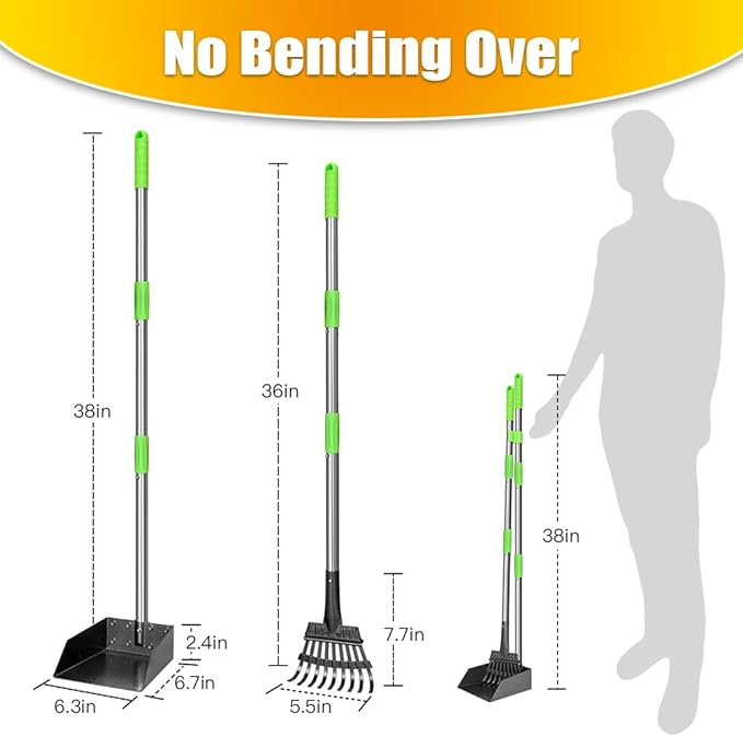 Stainless steel dog poop scooper with tray and rake for grass and gravel