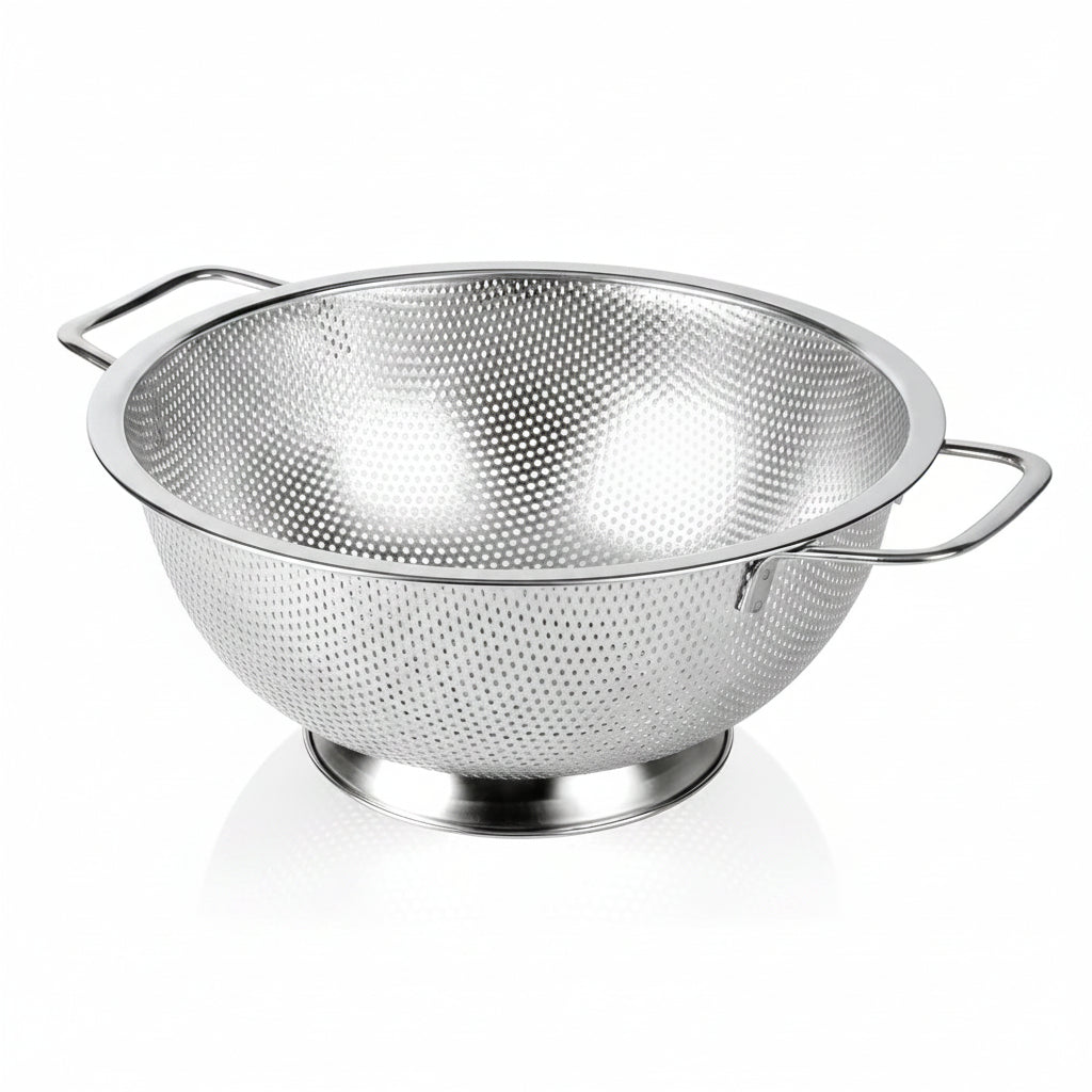 Metal kitchen strainer draining pasta and vegetables