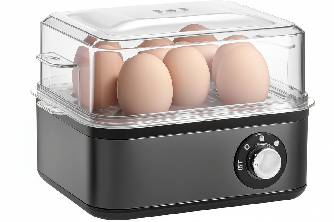 stainless steel electric egg cooker with 8 egg capacity in black finish