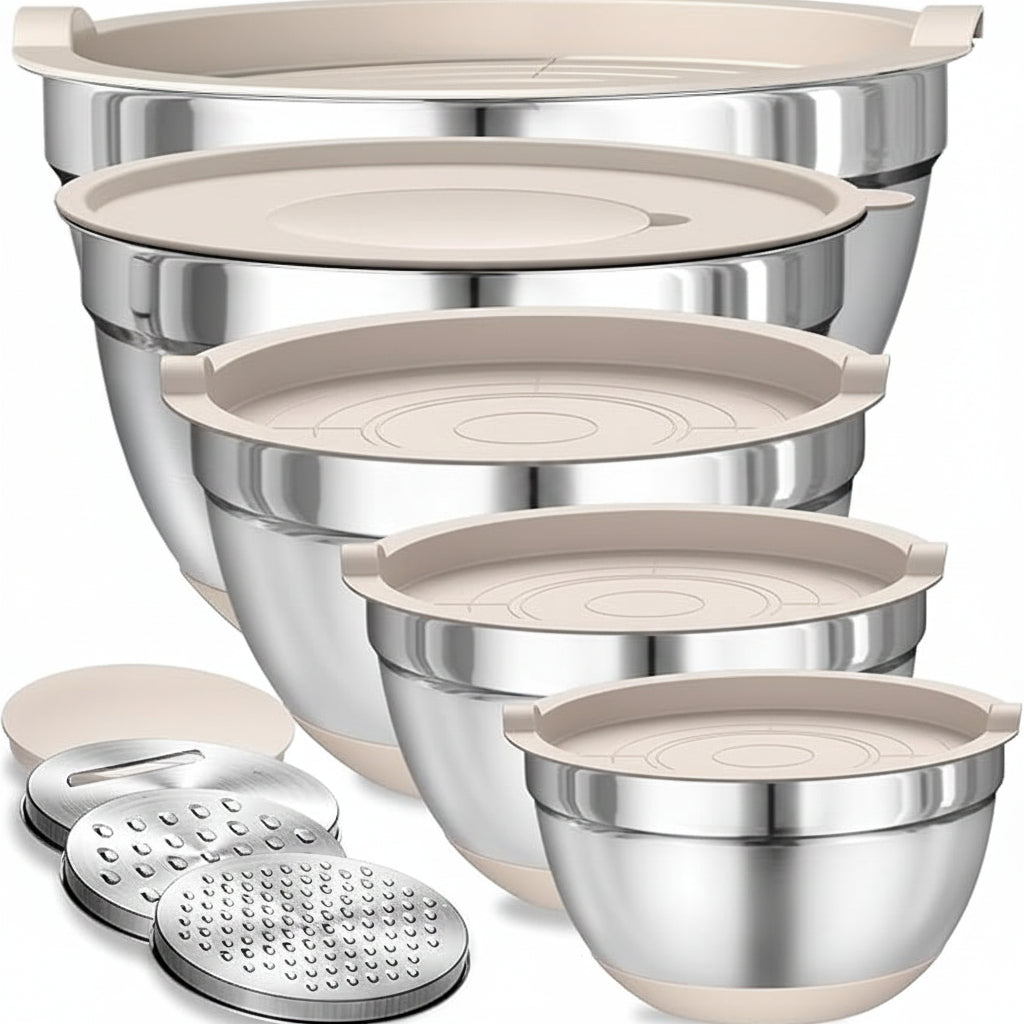 Stainless steel nesting mixing bowl set with lids and grater attachments for kitchen food prep
