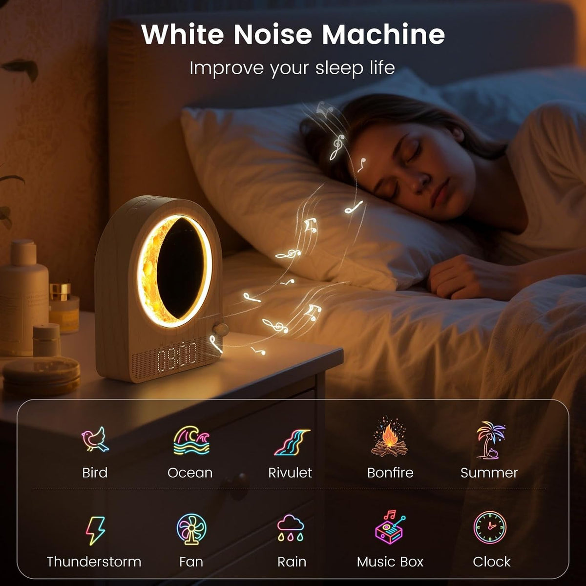 Aesthetic Wood Grain Alarm Clock with White Noise