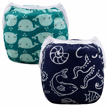 Swim diapers 2pcs for baby and toddler, snap one-size design for leak-proof swimming fun.