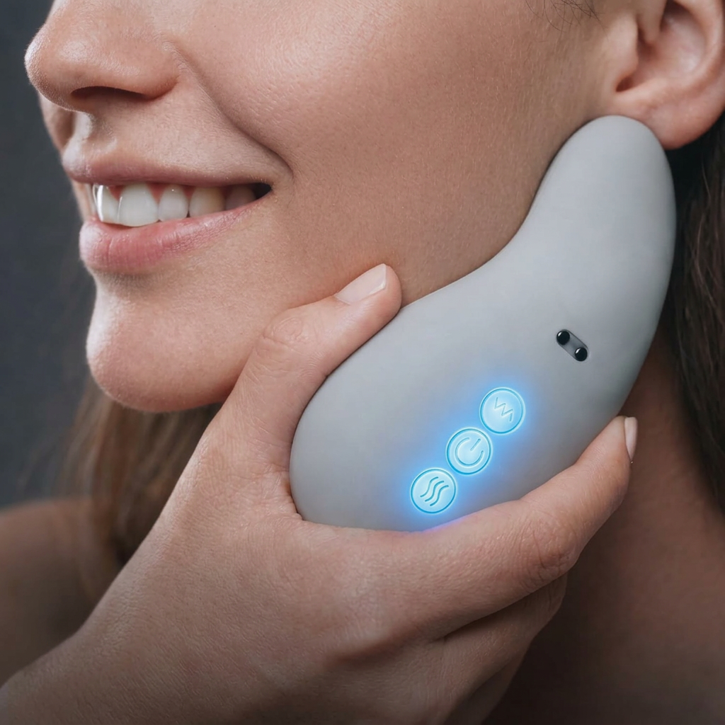 The Therapeutic™ Premium  Relief Massager in use on the neck and jaw area, targeting  pain, muscle tension, and  relief