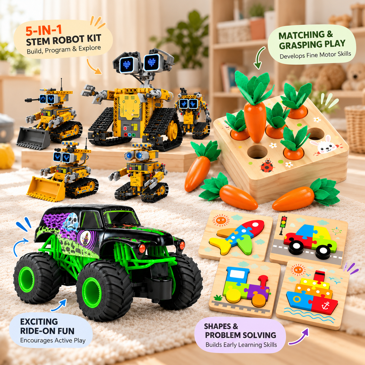 Three-piece kids activity set featuring matching puzzle and robot construction toys