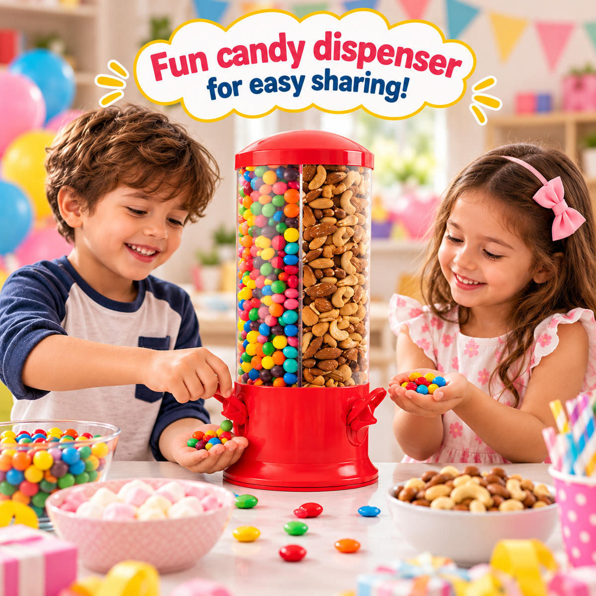 Red countertop snack dispenser featuring three separate sections for sweets, nuts and small treats.