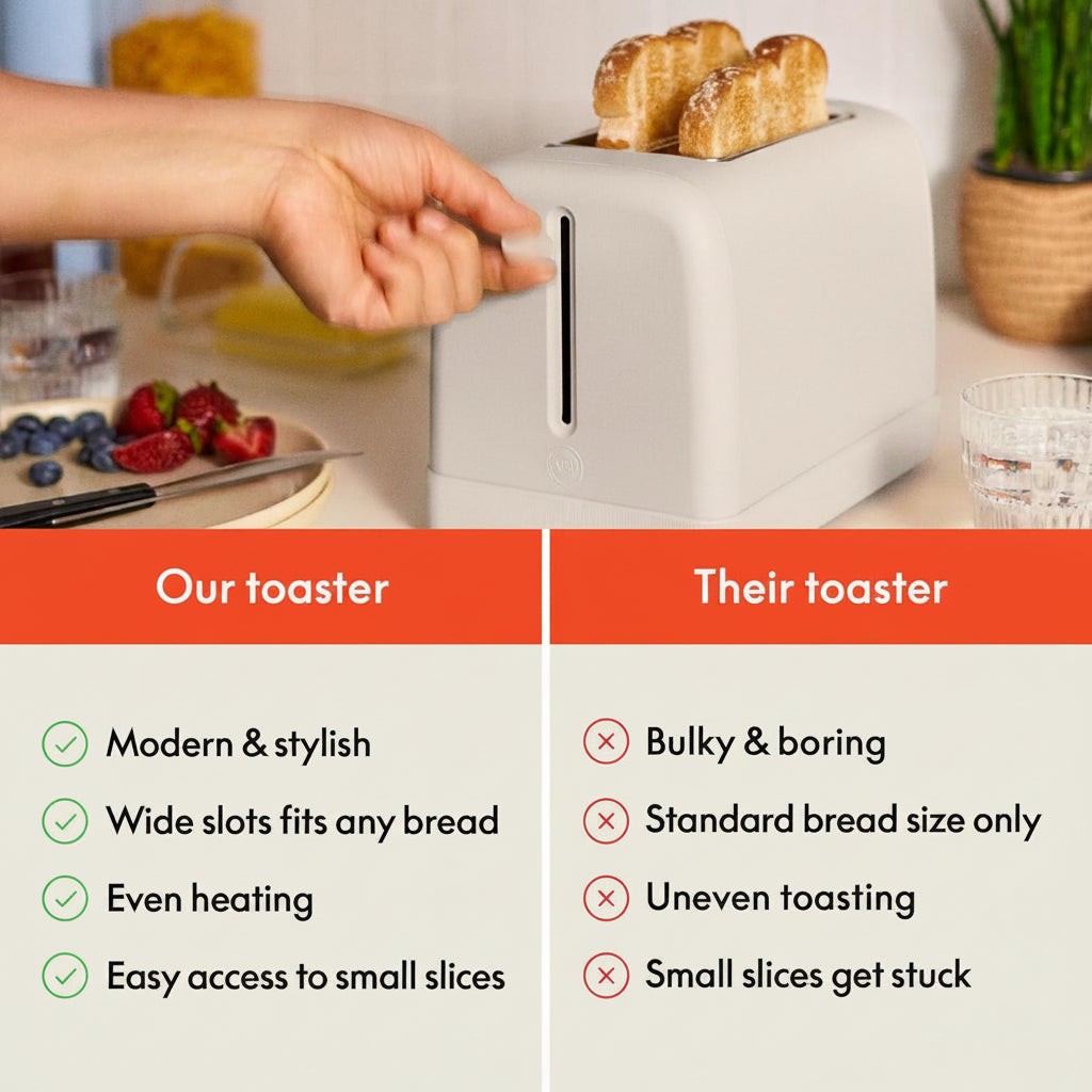 2 slice toaster with 6 shade settings for light to dark browning