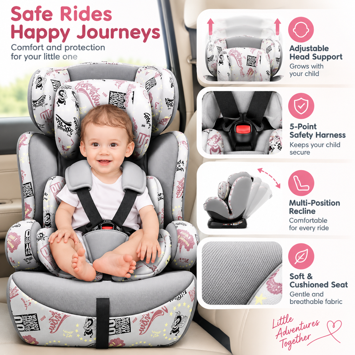 High back toddler car seat with cushioned side support