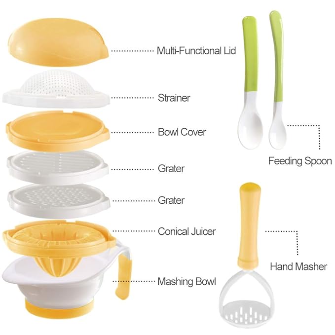 Toddler food preparation tools including mash bowl, hand masher, and grater