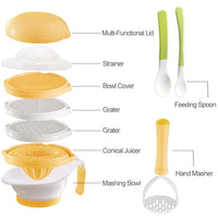 Toddler food preparation tools including mash bowl, hand masher, and grater
