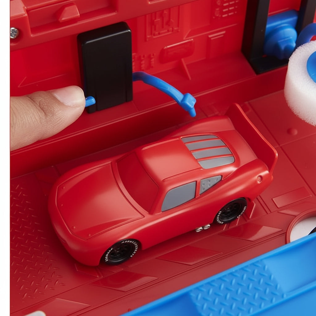 Toy truck tune up station with launcher and lift for pretend play