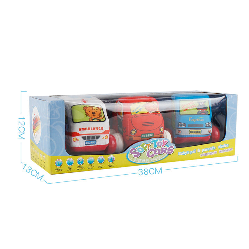 Toy car set in packaging with dimensions on a white background