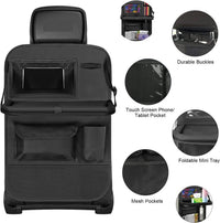 Travel car organizer for toddlers, features multiple storage pockets and a tablet holder.