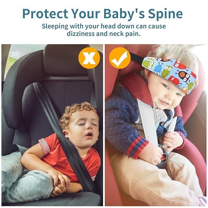 Travel headrest for toddlers, adjustable strap and soft fabric for comfortable naps in car seats or strollers.