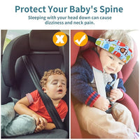 Travel headrest for toddlers, adjustable strap and soft fabric for comfortable naps in car seats or strollers.