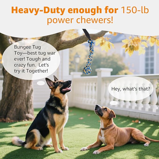 Tree stump tug-of-war outdoor dog toy with bungee cord and chew rope.