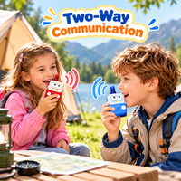 Children communicating with blue and red wireless cartoon walkie talkies during outdoor playtime.
