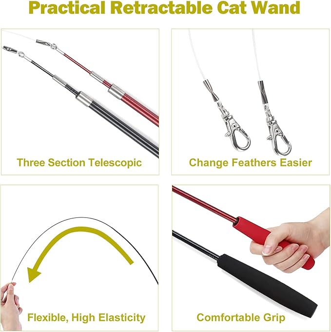 2 retractable cat wand poles with 9 colorful feather refills for indoor play