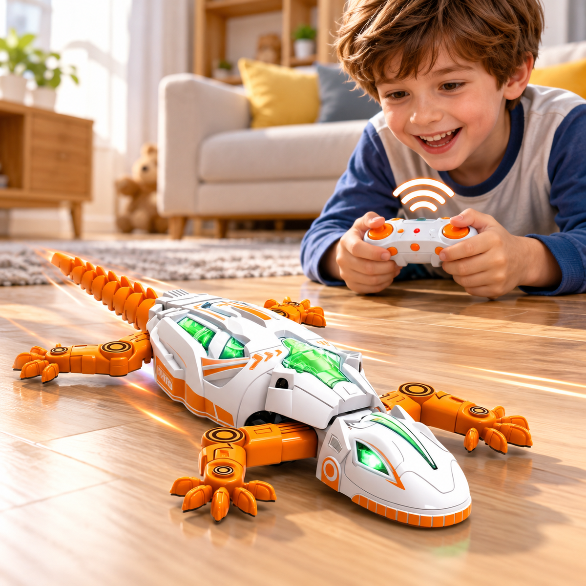 Boy connecting a charging cable to a white and orange remote control lizard toy on a wooden table.