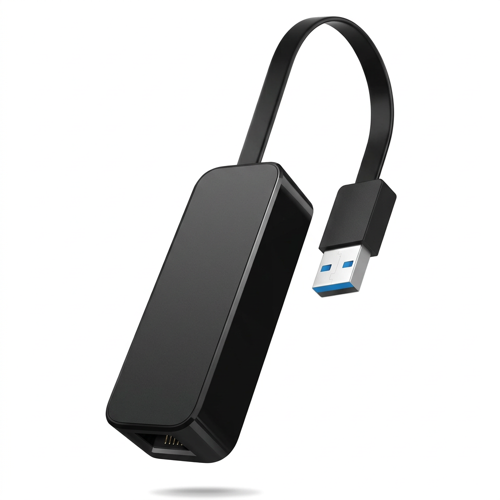 USB to Ethernet adapter with foldable design showing USB 3.0 connector and RJ45 port front view
