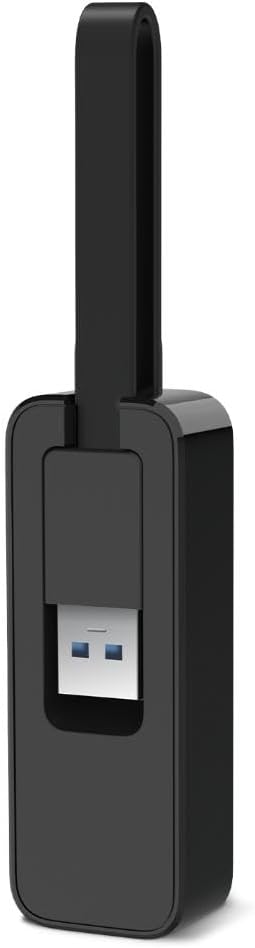 Close-up of RJ45 gigabit ethernet port on USB to ethernet adapter for high speed internet