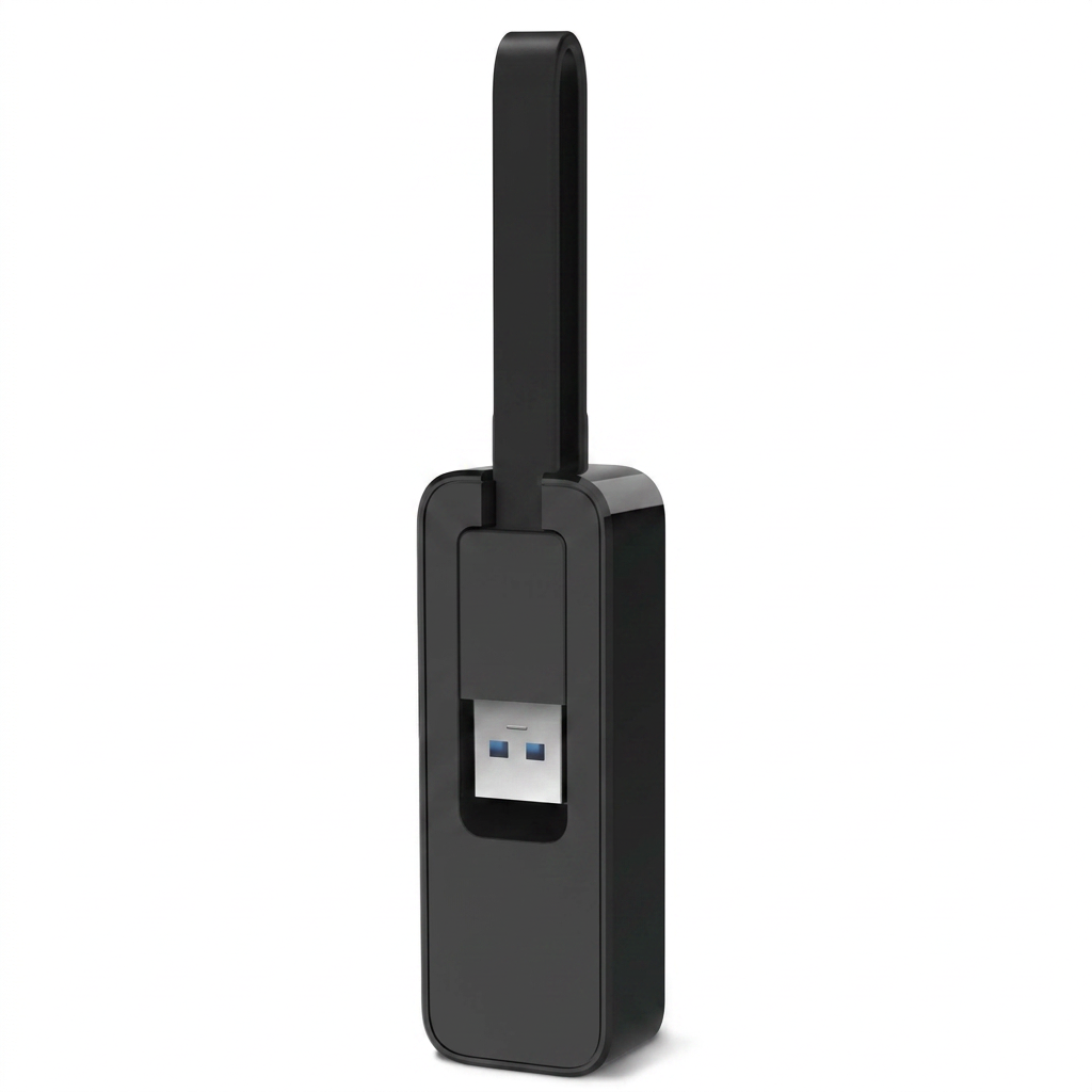 Close-up of RJ45 gigabit ethernet port on USB to ethernet adapter for high speed internet