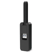 Close-up of RJ45 gigabit ethernet port on USB to ethernet adapter for high speed internet