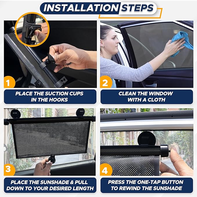 UV protection car sunshade for kids, easy installation with suction cups.