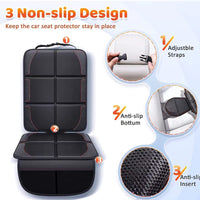 Universal car seat protector with thick foam padding for added protection.
