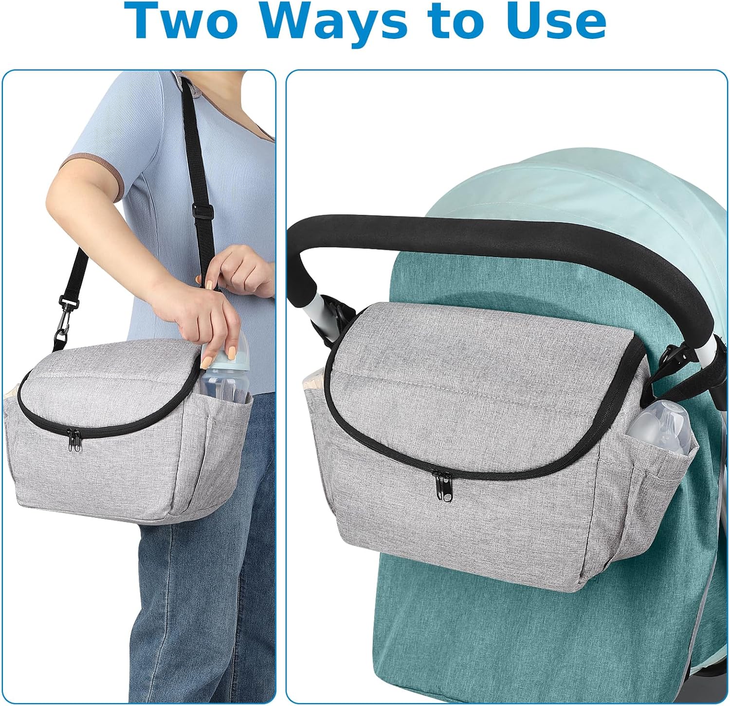 Universal stroller organizer with multiple pockets for easy organization of baby items.