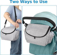 Universal stroller organizer with multiple pockets for easy organization of baby items.