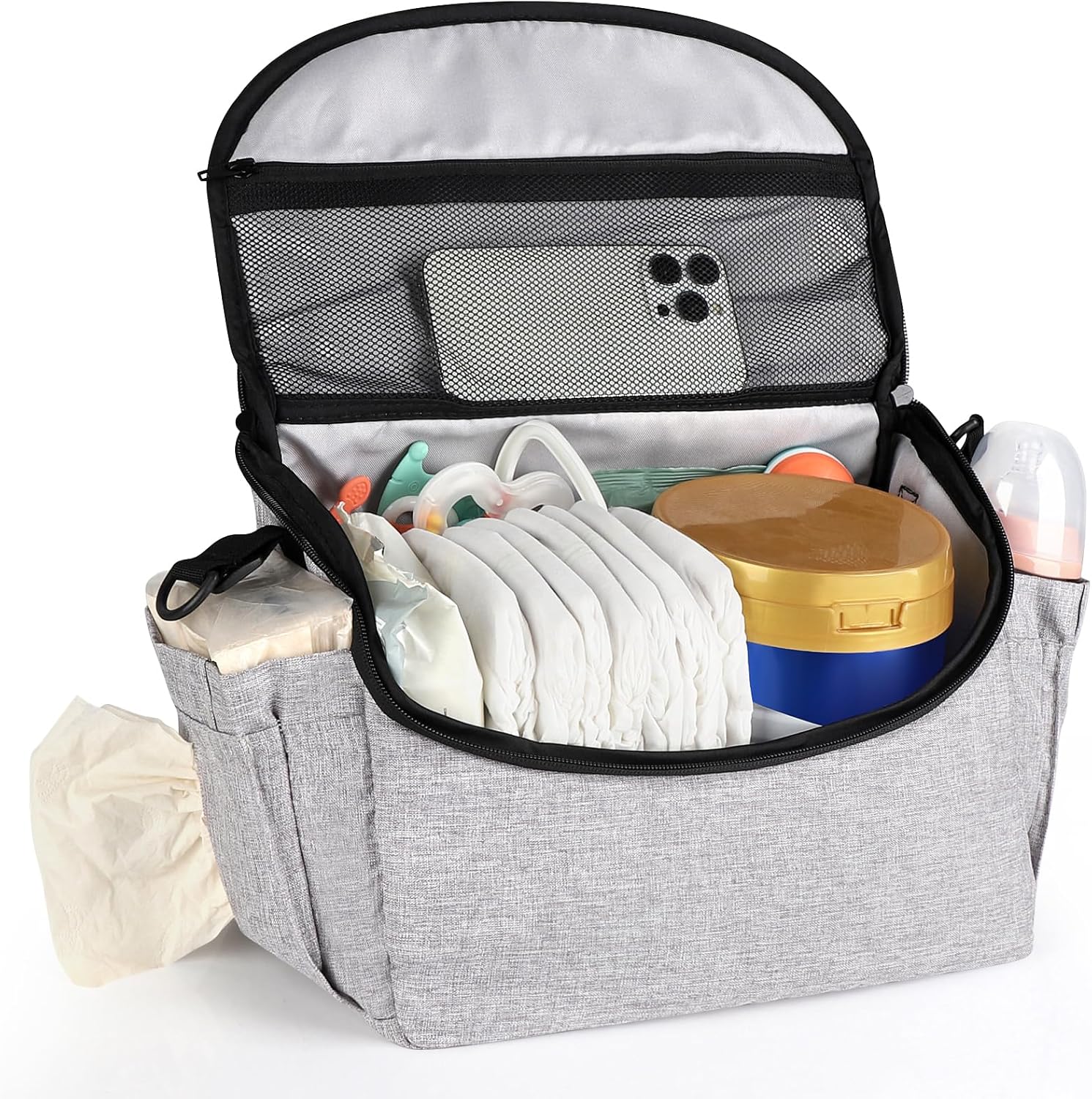 Universal stroller organizer with large capacity, multiple compartments for baby essentials.